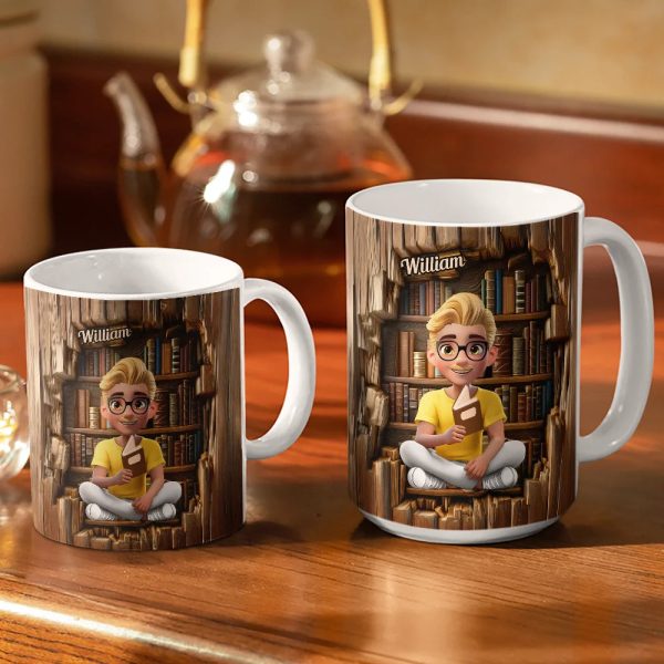 Reading 3D Effect Girl Who Loves Books - Personalized White Edge-to-Edge Mug