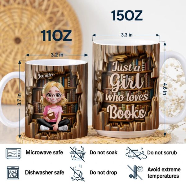 Reading 3D Effect Girl Who Loves Books - Personalized White Edge-to-Edge Mug