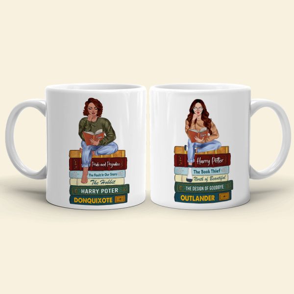 Reading Girl Sitting On Bookstack, Personalized White Mug