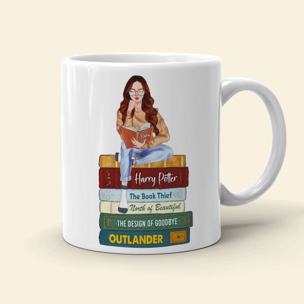 Reading Girl Sitting On Bookstack, Personalized White Mug