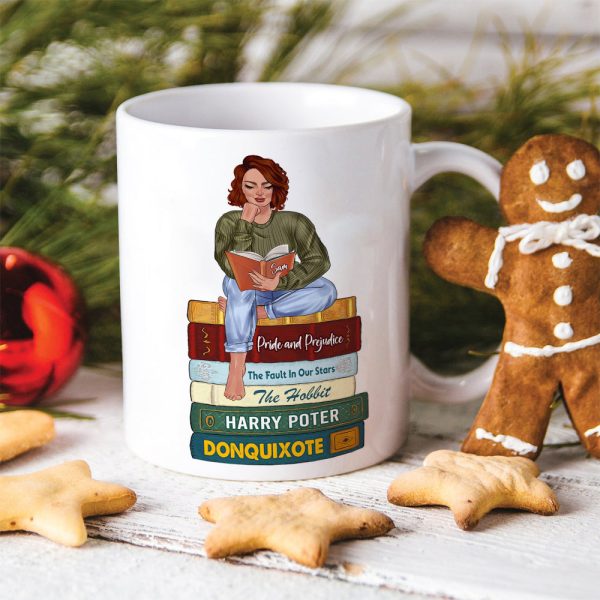 Reading Girl Sitting On Bookstack, Personalized White Mug