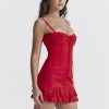 Red Lace Patchwork Buttoned Mini Dress