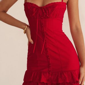 Red Lace Patchwork Buttoned Mini Dress