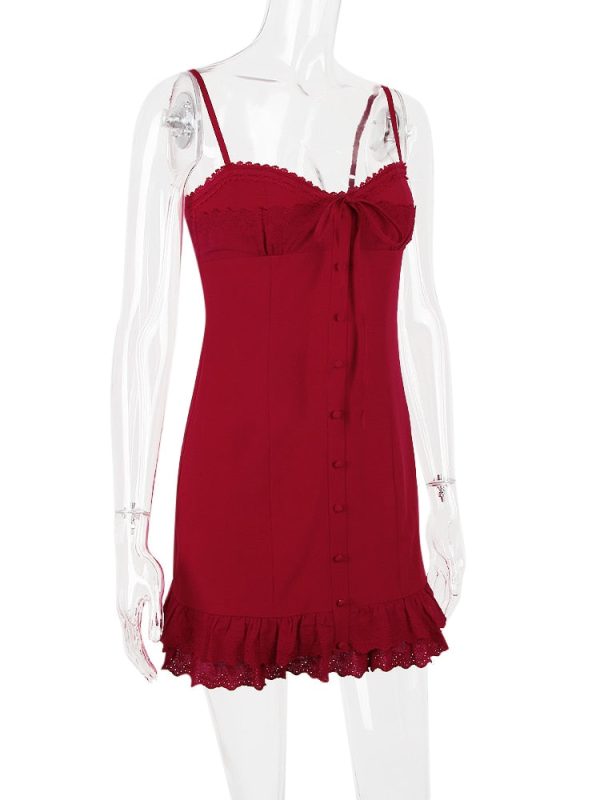 Red Lace Patchwork Buttoned Mini Dress