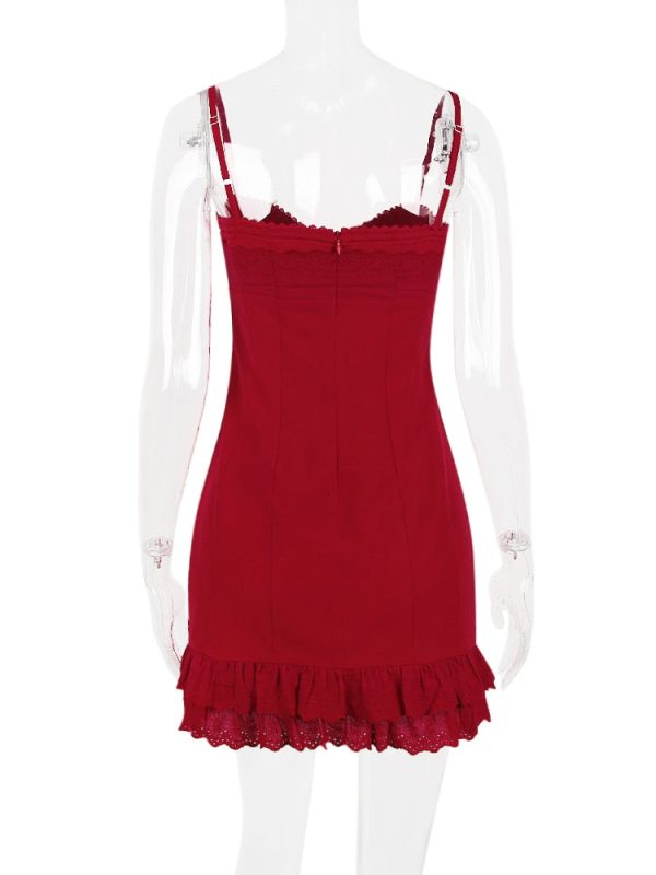 Red Lace Patchwork Buttoned Mini Dress