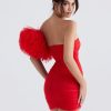 Red Mesh Bodycon Tube Mini Dress With Tulle Puff One-shoulder Sleeve