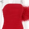 Red Mesh Bodycon Tube Mini Dress With Tulle Puff One-shoulder Sleeve