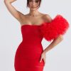 Red Mesh Bodycon Tube Mini Dress With Tulle Puff One-shoulder Sleeve