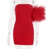 Red Mesh Bodycon Tube Mini Dress With Tulle Puff One-shoulder Sleeve