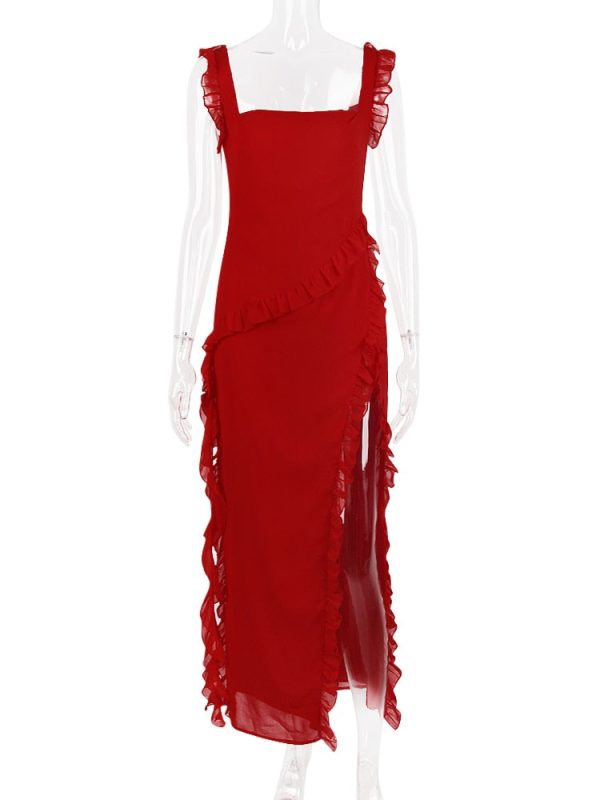 Red Ruffle Split Maxi Dress