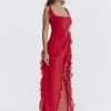 Red Ruffle Split Maxi Dress