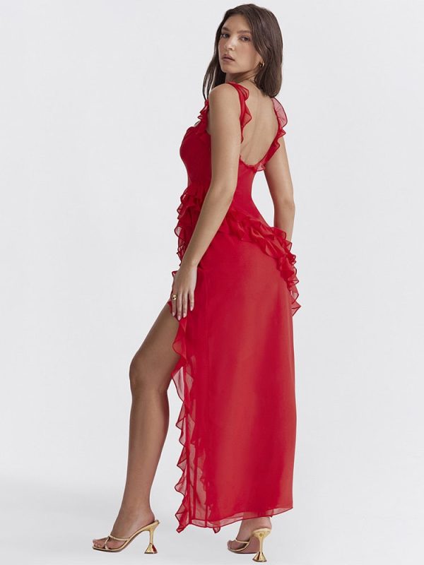 Red Ruffle Split Maxi Dress