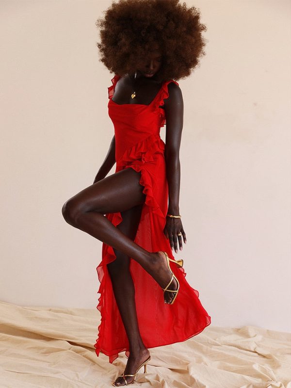 Red Ruffle Split Maxi Dress