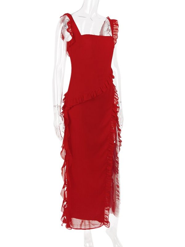 Red Ruffle Split Maxi Dress