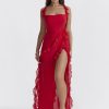 Red Ruffle Split Maxi Dress