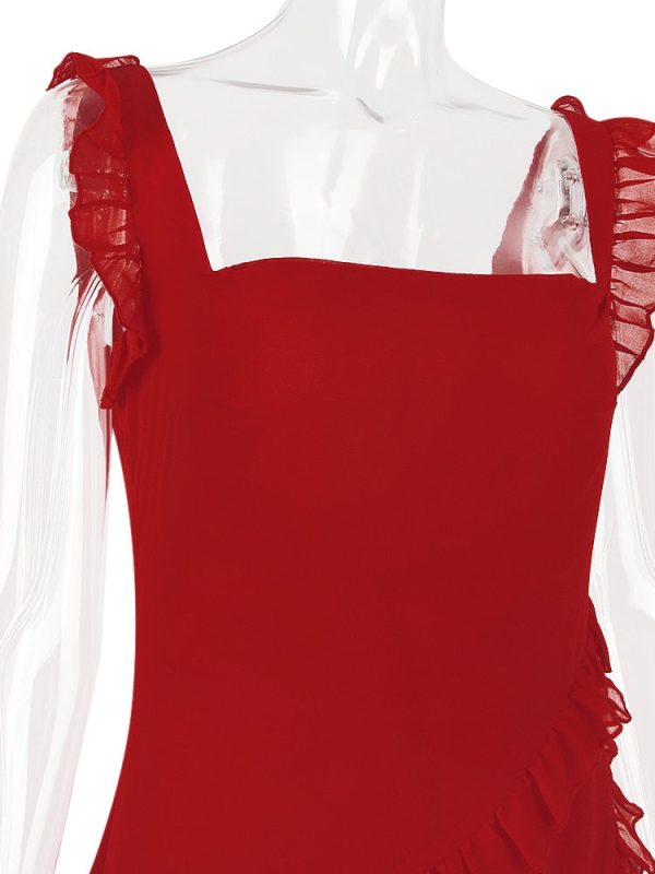 Red Ruffle Split Maxi Dress