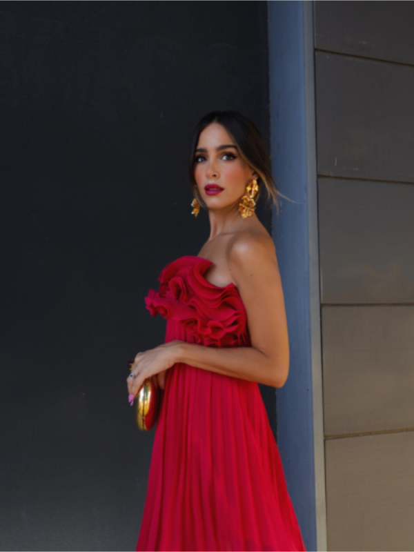 Red Ruffled Pleated Strapless Mini Dress