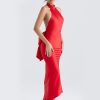 Red Satin Backless Bow Halter Maxi Dress