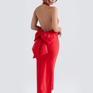 Red Satin Backless Bow Halter Maxi Dress