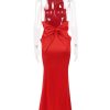 Red Satin Backless Bow Halter Maxi Dress
