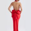 Red Satin Backless Bow Halter Maxi Dress