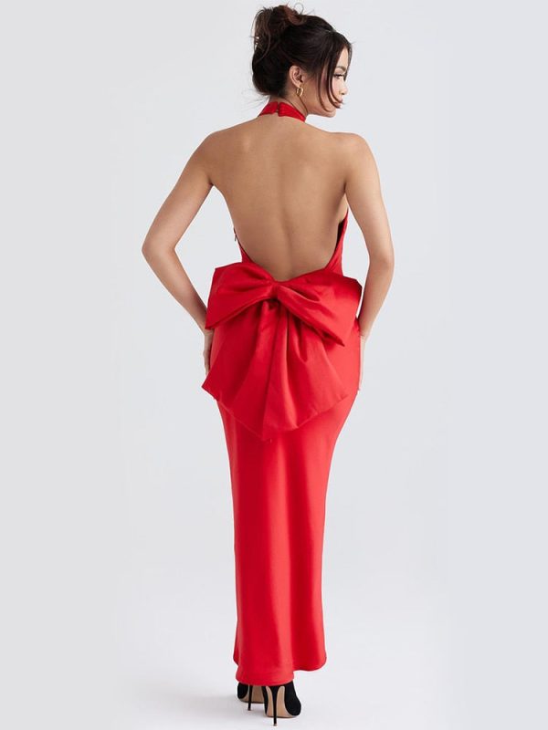 Red Satin Backless Bow Halter Maxi Dress