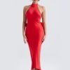 Red Satin Backless Bow Halter Maxi Dress