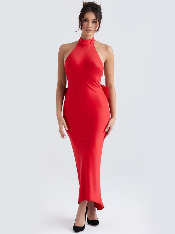 Red Satin Backless Bow Halter Maxi Dress
