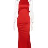 Red Satin Backless Bow Halter Maxi Dress