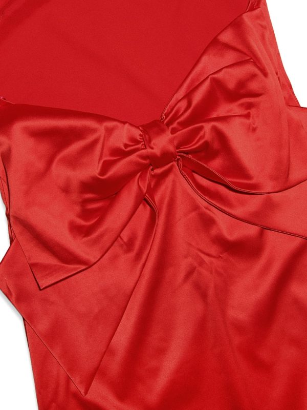 Red Satin Backless Bow Halter Maxi Dress