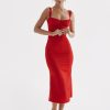Red Satin Tie-Up Bustier Strappy Midi Dress