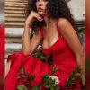 Red Satin Tie-Up Bustier Strappy Midi Dress