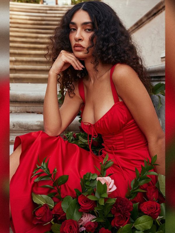 Red Satin Tie-Up Bustier Strappy Midi Dress