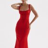 Red Satin Tie-Up Bustier Strappy Midi Dress