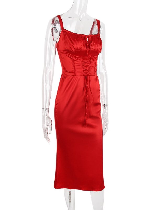 Red Satin Tie-Up Bustier Strappy Midi Dress