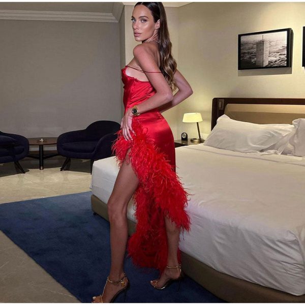 Red Strap Feather Slit Trim Midi Dress