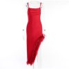 Red Strap Feather Slit Trim Midi Dress