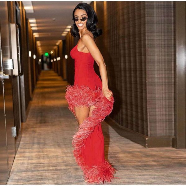 Red Strap Feather Slit Trim Midi Dress