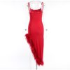 Red Strap Feather Slit Trim Midi Dress