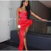 Red Strap Feather Slit Trim Midi Dress
