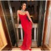 Red Strap Feather Slit Trim Midi Dress
