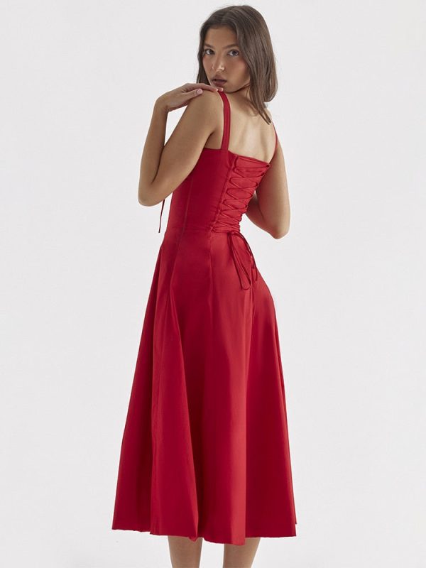 Red Strappy Tie-Up Bustier Midi Dress