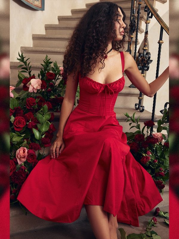 Red Strappy Tie-Up Bustier Midi Dress
