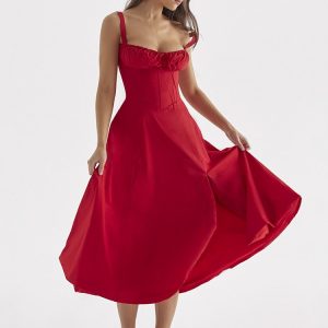 Red Strappy Tie-Up Bustier Midi Dress