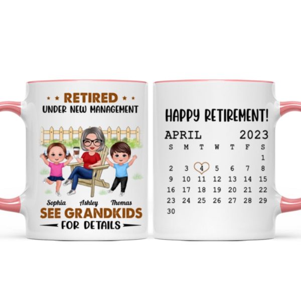 Retired Under New Management See Doll Grandkids Calendar Retirement Gift Personalized Mug