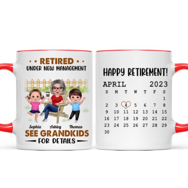 Retired Under New Management See Doll Grandkids Calendar Retirement Gift Personalized Mug