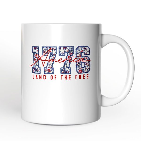 Retro America 1776 Floral Personalized Mug, Land of the Free Patriotic Gift with Custom Name