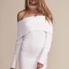 Ribbed Long Sleeve Draped Off Shoulder Mini Sweater Dress - White