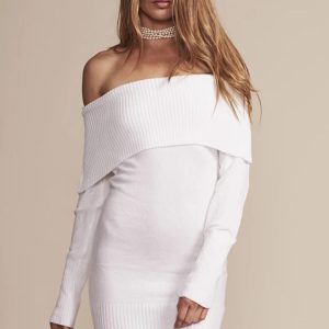 Ribbed Long Sleeve Draped Off Shoulder Mini Sweater Dress - White