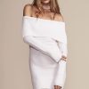 Ribbed Long Sleeve Draped Off Shoulder Mini Sweater Dress - White